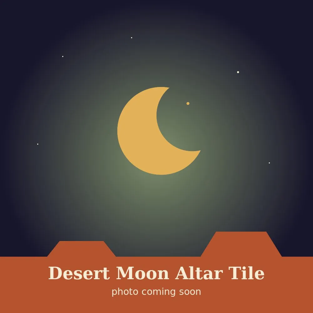 Square wooden altar tile engraved with a crescent moon rising over mesas and saguaros